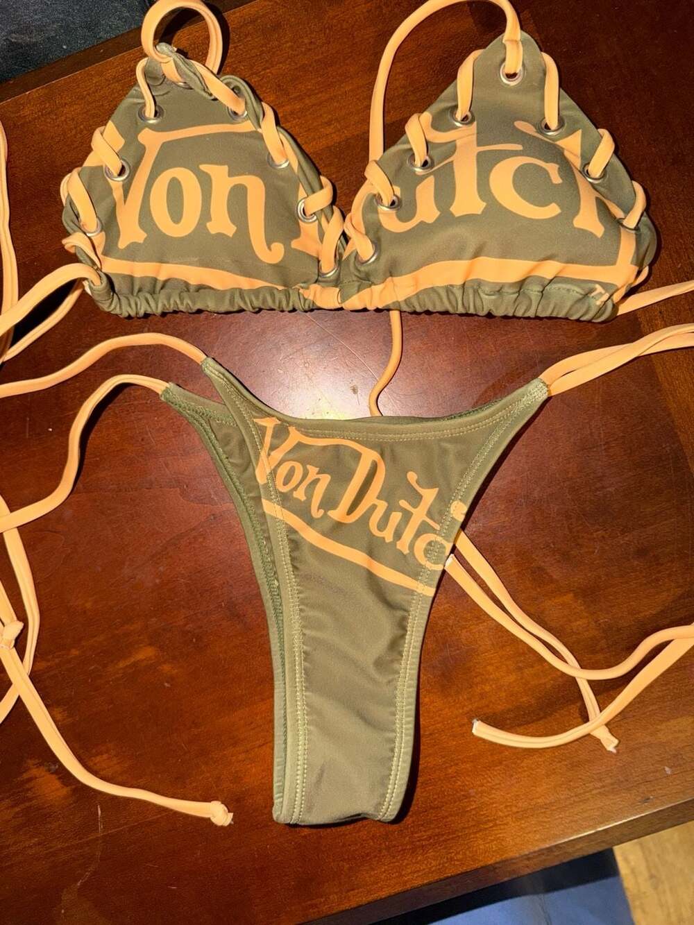 Von Dutch olive green and orange Triangle Bikini Top and Bottom Set